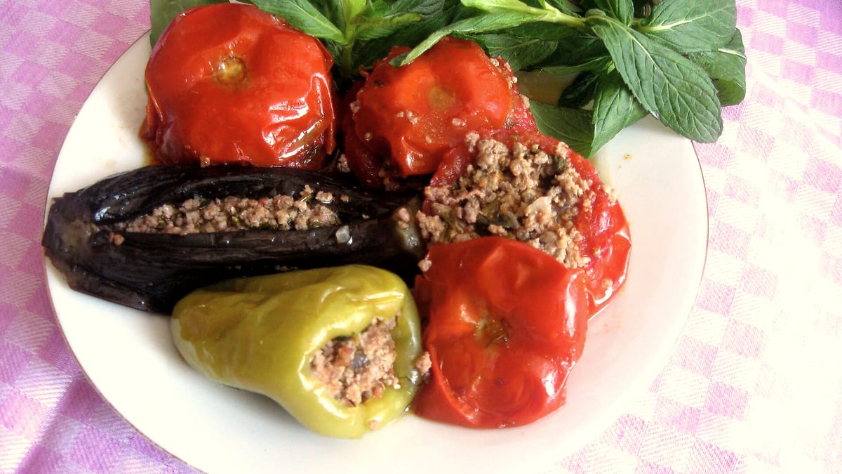 Gefüllte Paprika und Aubergine mit Hackfleisch-Reis-Füllung auf einem Teller