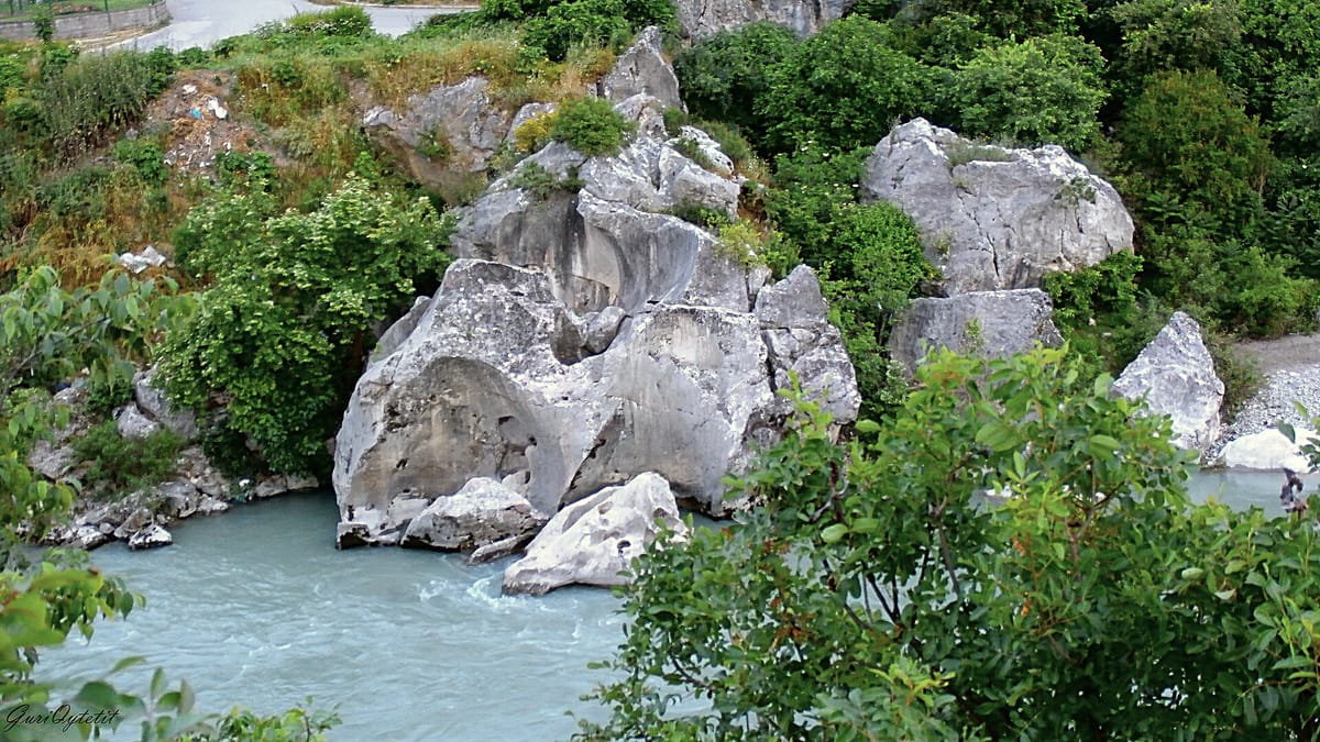 Der türkisfarbene Vjosa-Fluss bei Përmet zwischen bewaldeten Bergen