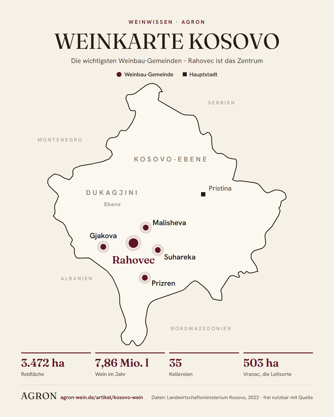 Weinkarte Kosovo: Die Weinbau-Gemeinden Rahovec, Suhareka, Prizren, Gjakova und Malisheva im Südwesten, dazu die Dukagjini-Ebene und die Kosovo-Ebene um Pristina